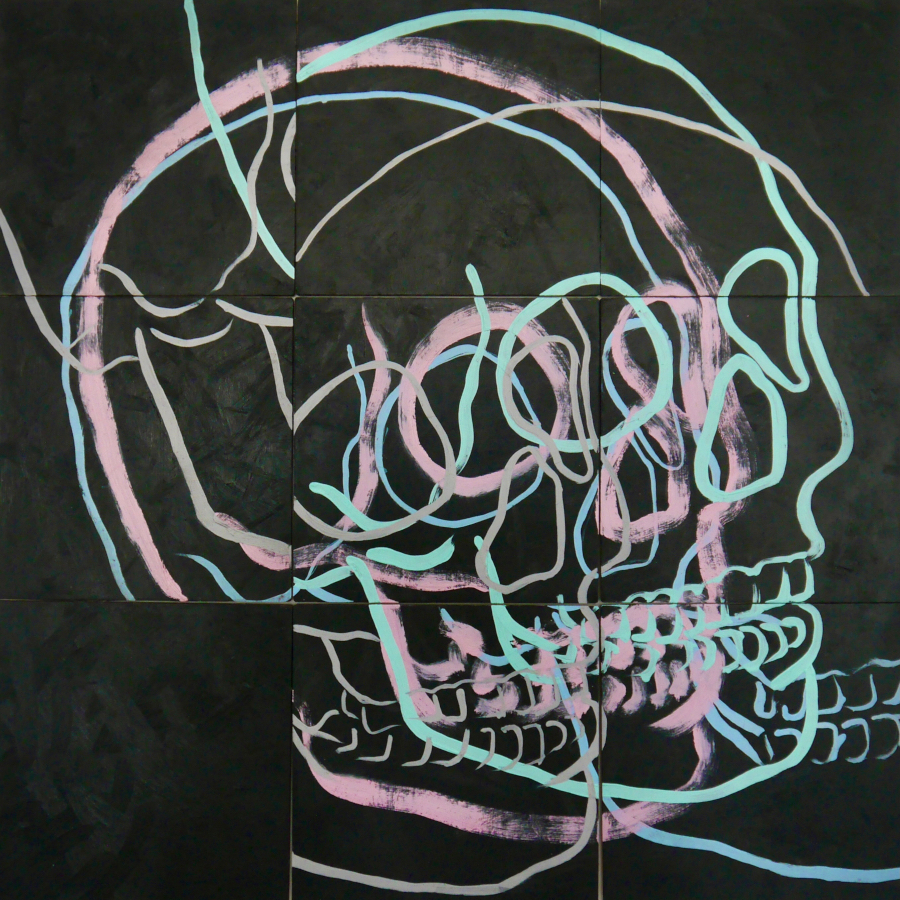 contemporary fine art multi panel oil painting of multicoloured skull line images called Four Skulls on Black on white by saatchiart artist Christian Dodd inspired by slide puzzles and memento mori artworks