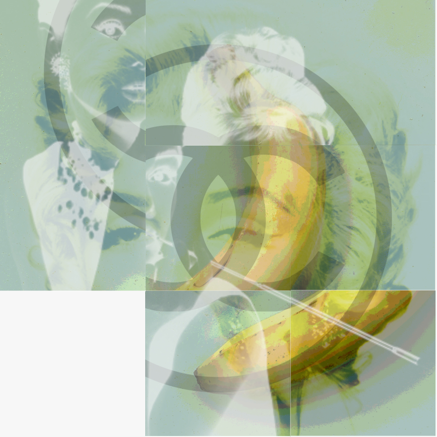 interactive contemporary fine art digital collage slide puzzle of Marilyn Monroe, Audrey Hebpurn, a Banana and a Chanel logo called Four Wrongs Don't Make a Right by saatchiart artist Christian Dodd inspired by plagiarism and laxy hack artists