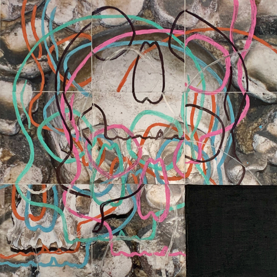 contemporary fine art collage of multicoloured skull line images on a photographic backround called seven skulls on white by saatchiart artist Christian Dodd inspired by slide puzzles and memento mori artworks