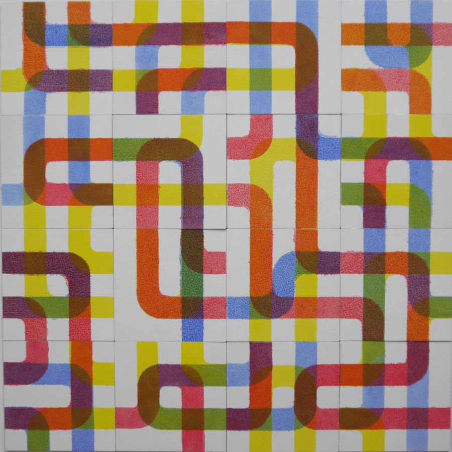 contemporary art multi panel oil painting in primary colors called bry16_1 by saatchiart artist Christian Dodd inspired by slide puzzles and mid century meander artworks by anni albers