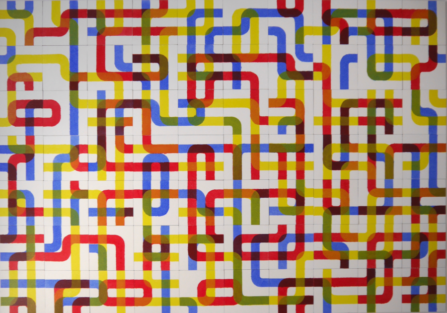 contemporary art multi panel oil painting in primary colors called bry70_1 by saatchiart artist Christian Dodd inspired by slide puzzles and mid century meander artworks by anni albers