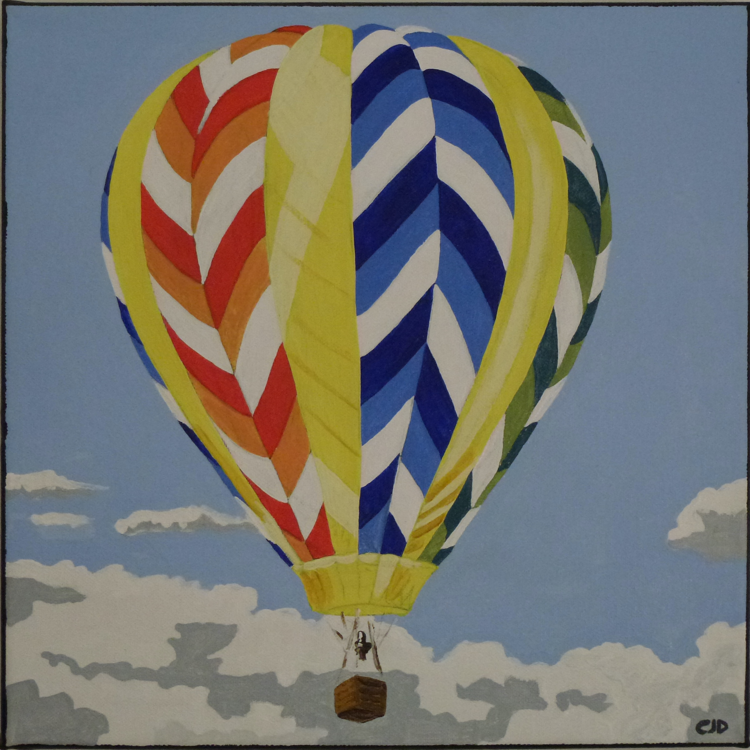 contemporary fine art acrylic painting of a hot air balloon in the style of Ladybird book illustrations by saatchiart artist Christian Dodd