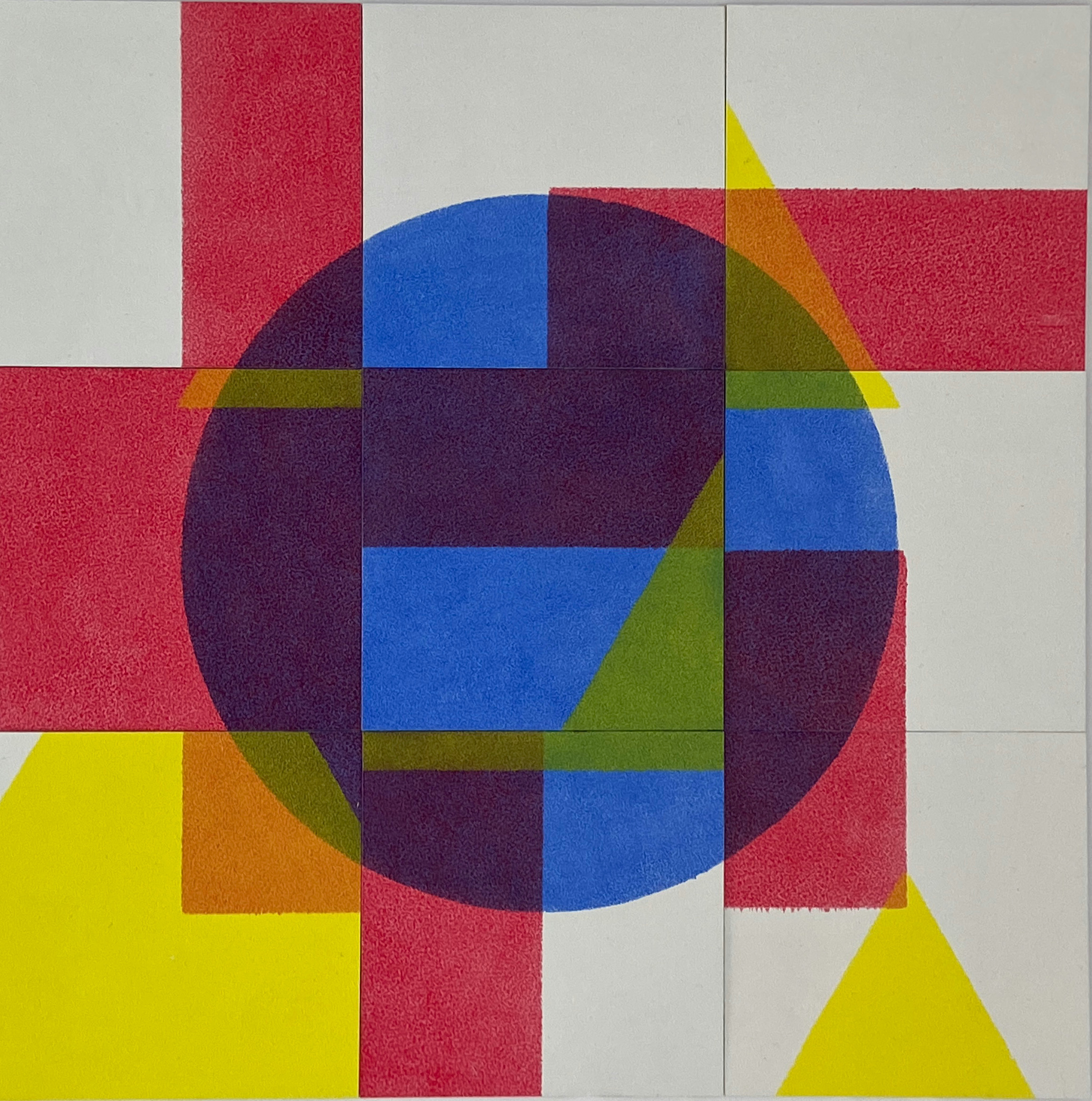 contemporary art multi panel oil painting in primary colors called Blue Circle Red Square Yellow Triangle by saatchiart artist Christian Dodd inspired by slide puzzles, geometry, colour theory and mid century design