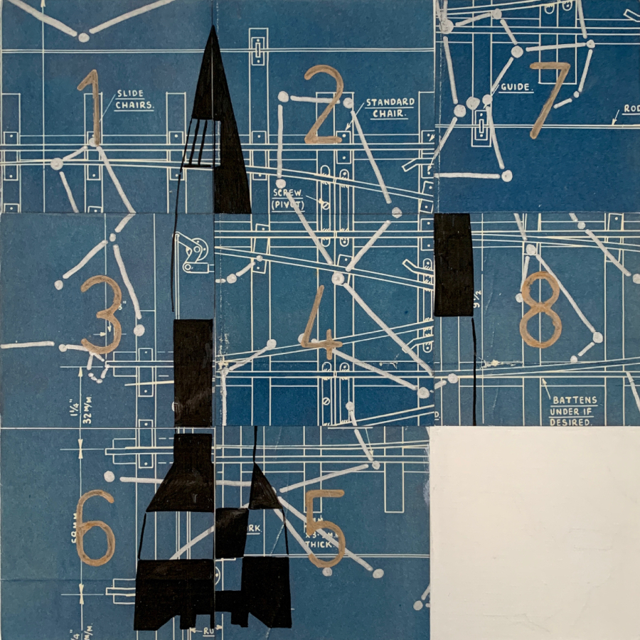 contemporary fine art collage of line images called Blueprint on blue by saatchiart artist Christian Dodd inspired by slide puzzles and engineering blueprints