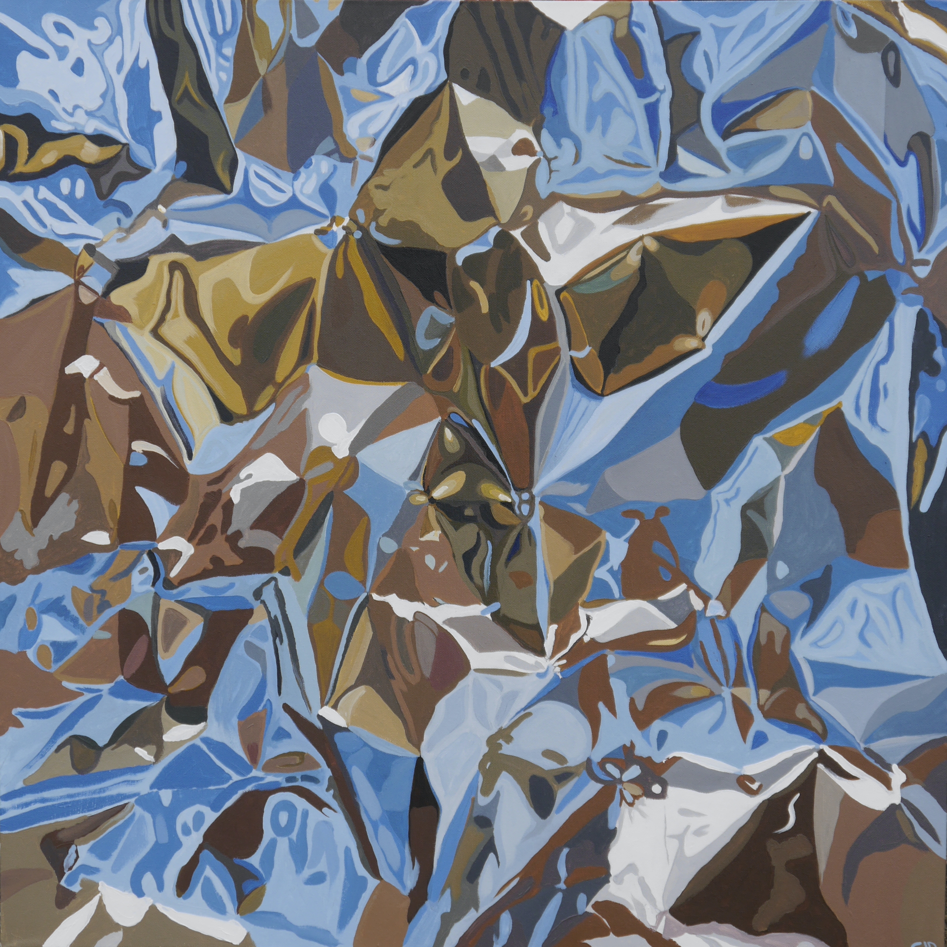 contemporary fine art oil painting of a crumpled reflective silver chrome surface in blue by saatchiart artist Christian Dodd