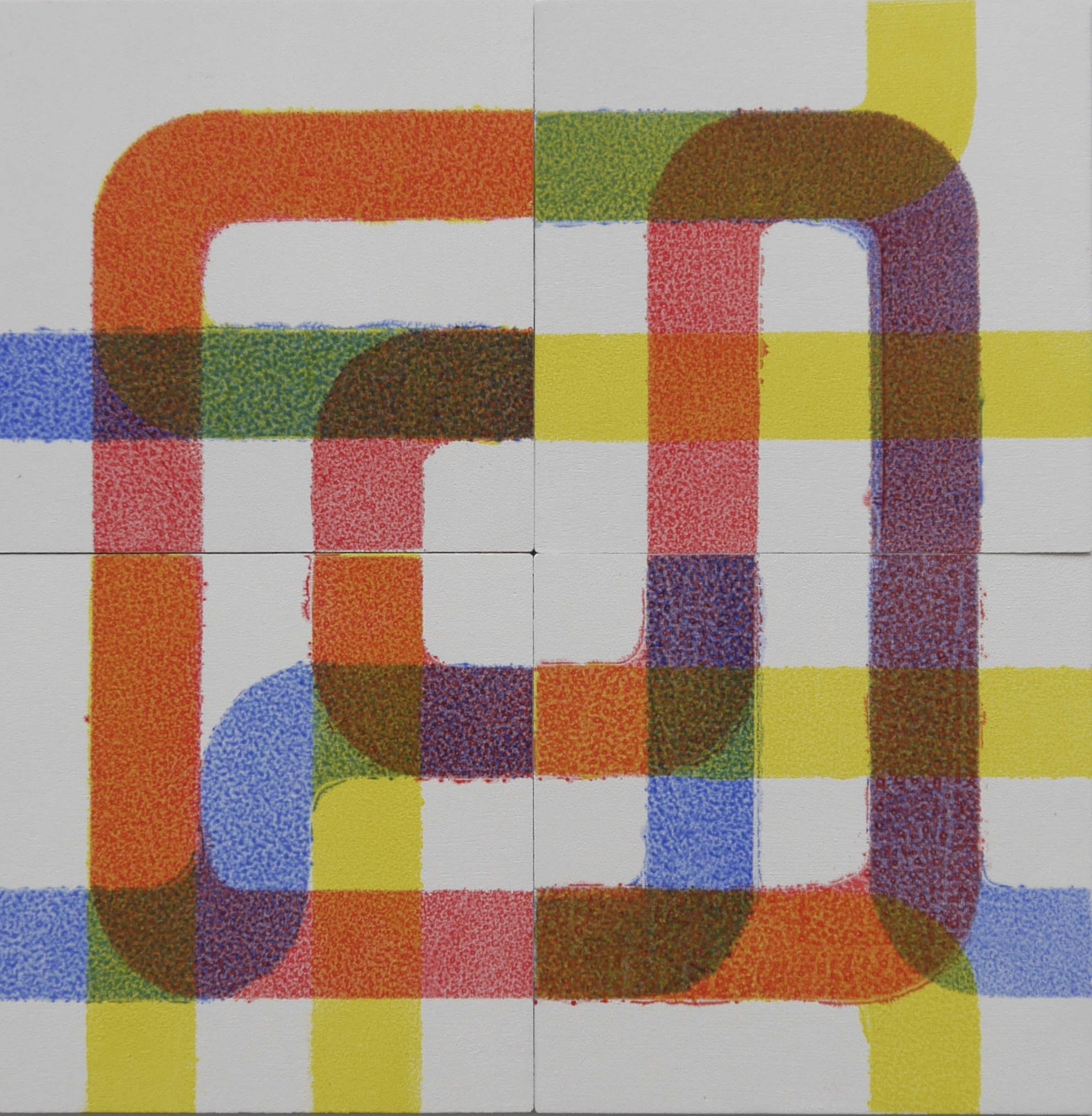 contemporary art multi panel oil painting in primary colors called bry4_1 by saatchiart artist Christian Dodd inspired by slide puzzles and mid century meander artworks by anni albers