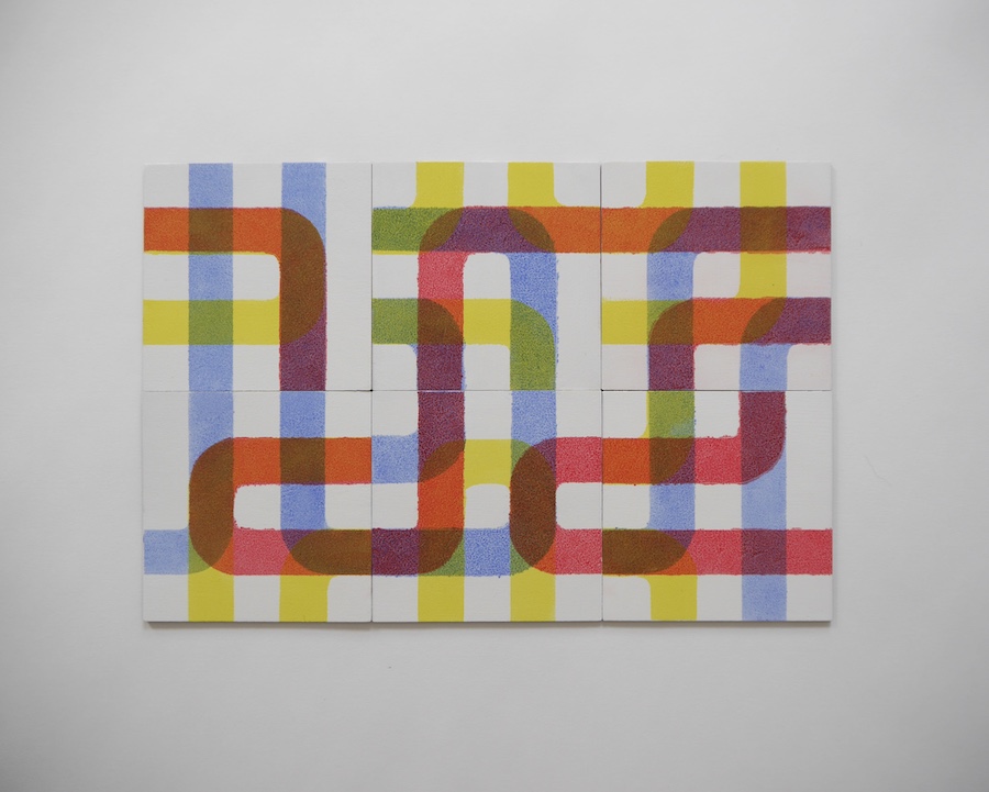 contemporary art multi panel oil painting in primary colors called bry6_1 by saatchiart artist Christian Dodd inspired by slide puzzles and mid century meander artworks by anni albers