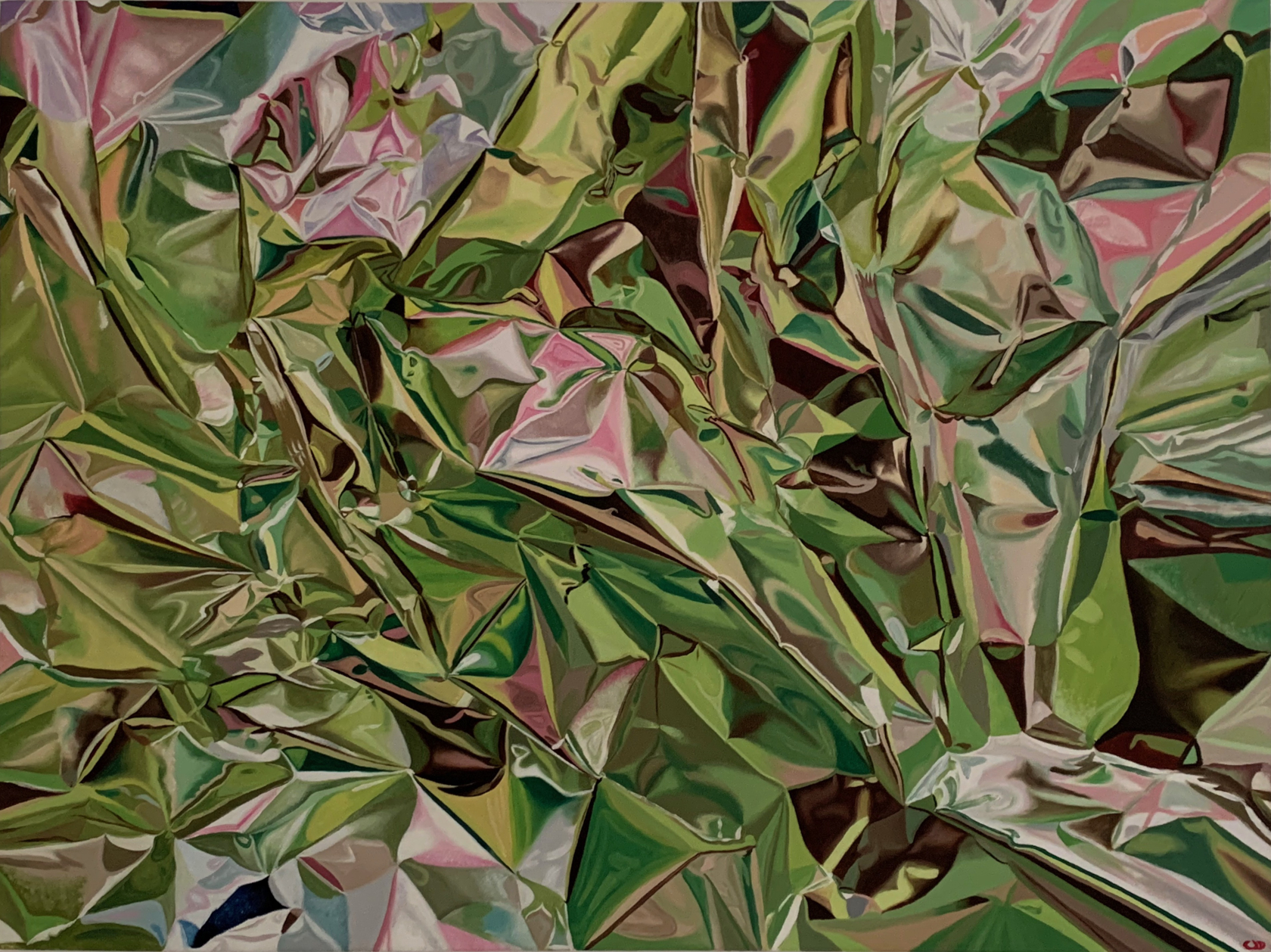 contemporary fine art oil painting of a crumpled reflective silver chrome surface with green and pink by saatchiart artist Christian Dodd