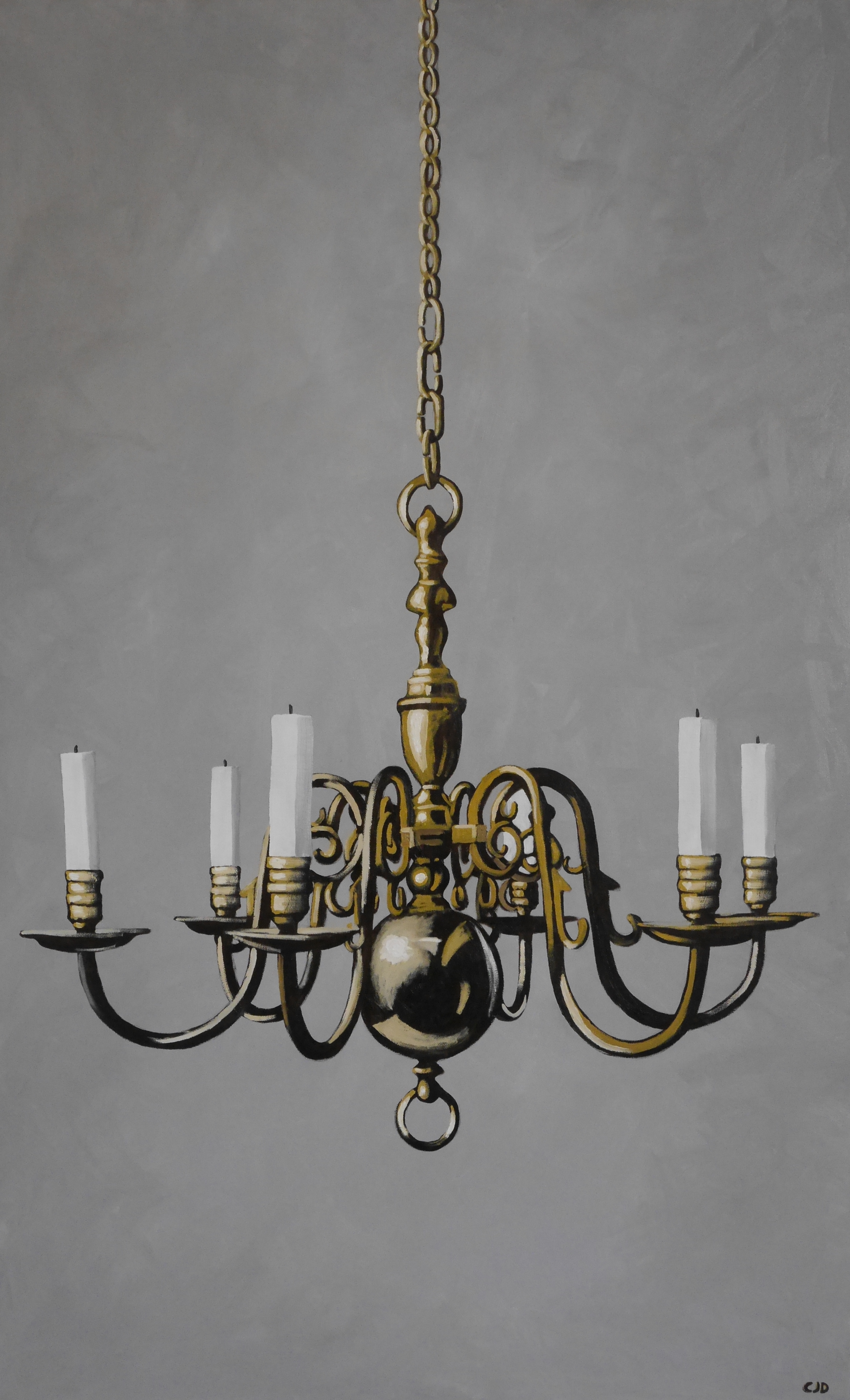 contemporary fine art oil painting of a chandelier on a grey background by saatchiart artist Christian Dodd