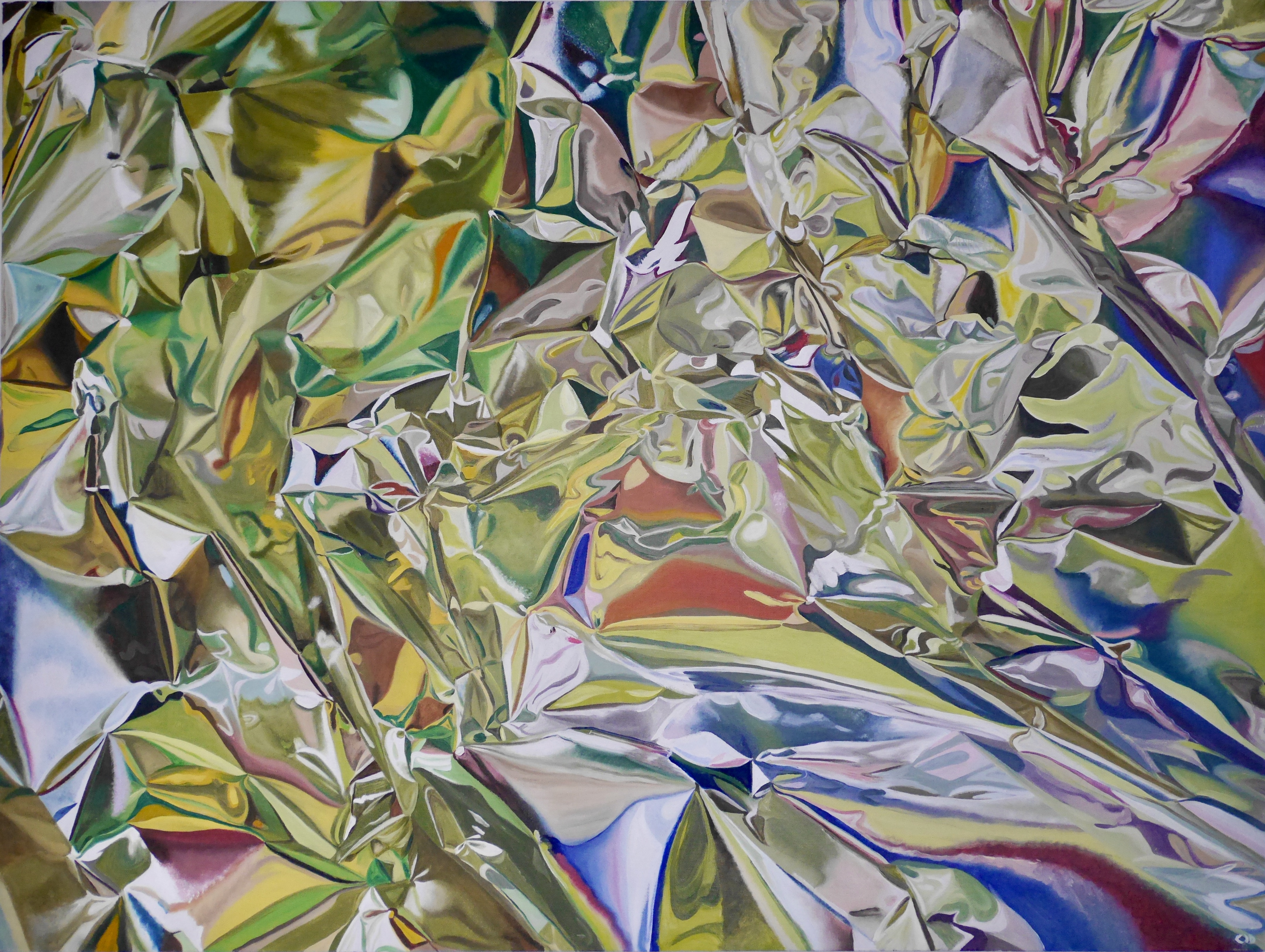 contemporary fine art oil painting of a crumpled reflective silver chrome surface with green and pink by saatchiart artist Christian Dodd