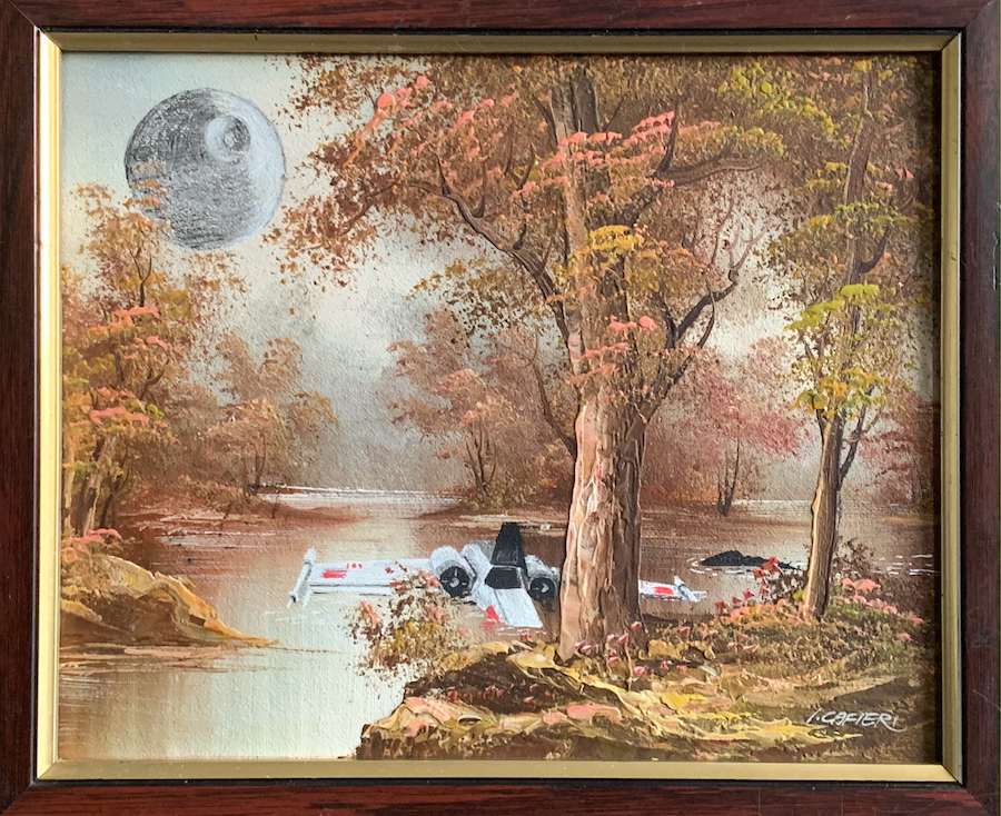 contemporary fine art upcycled painting of crashed Star Wars X Wing fighter, the Death Star and swamp monster of Dagobah on recycled charity shop painting in the style of Bob Ross by saatchiart artist Christian Dodd