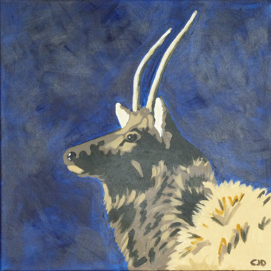 contemporary fine art acrylic painting of a deer in the style of Ladybird book illustrations by saatchiart artist Christian Dodd