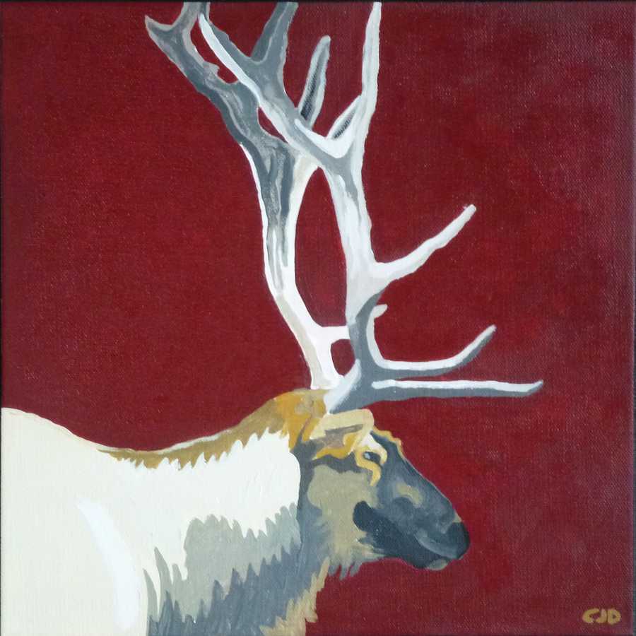 contemporary fine art acrylic painting of an elk in the style of Ladybird book illustrations by saatchiart artist Christian Dodd