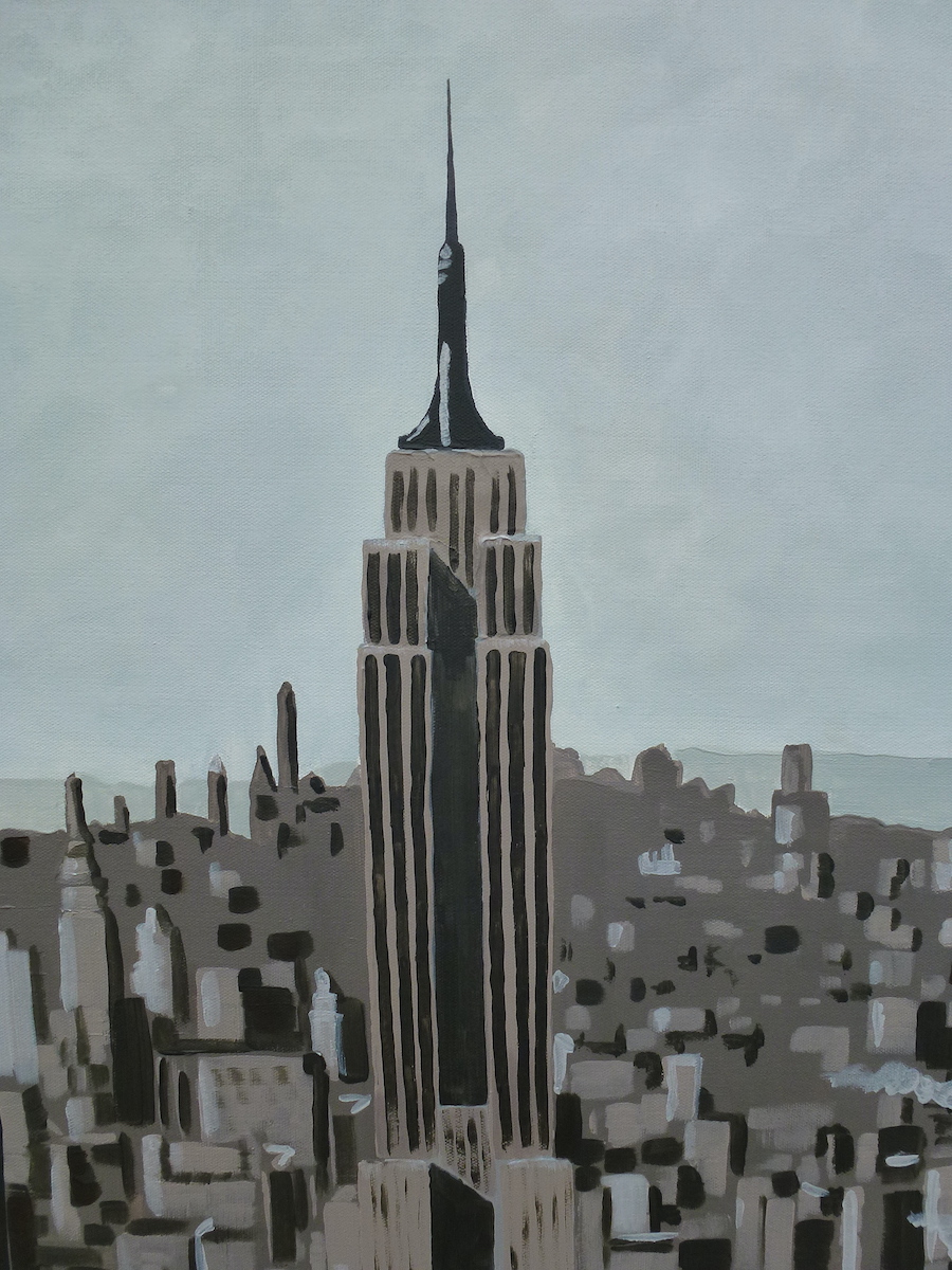 contemporary fine acrylic oil painting of athe Empire State Building in the nineteen fifties in the style of Ladybird book illustrations by saatchiart artist Christian Dodd