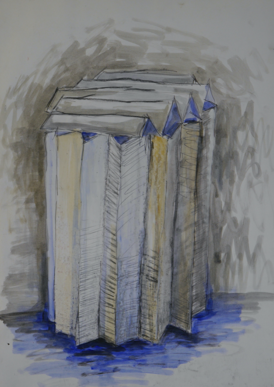 contemporary fine art drawing of a folded pcylinder form in mixed media by saatchiart artist Christian Dodd