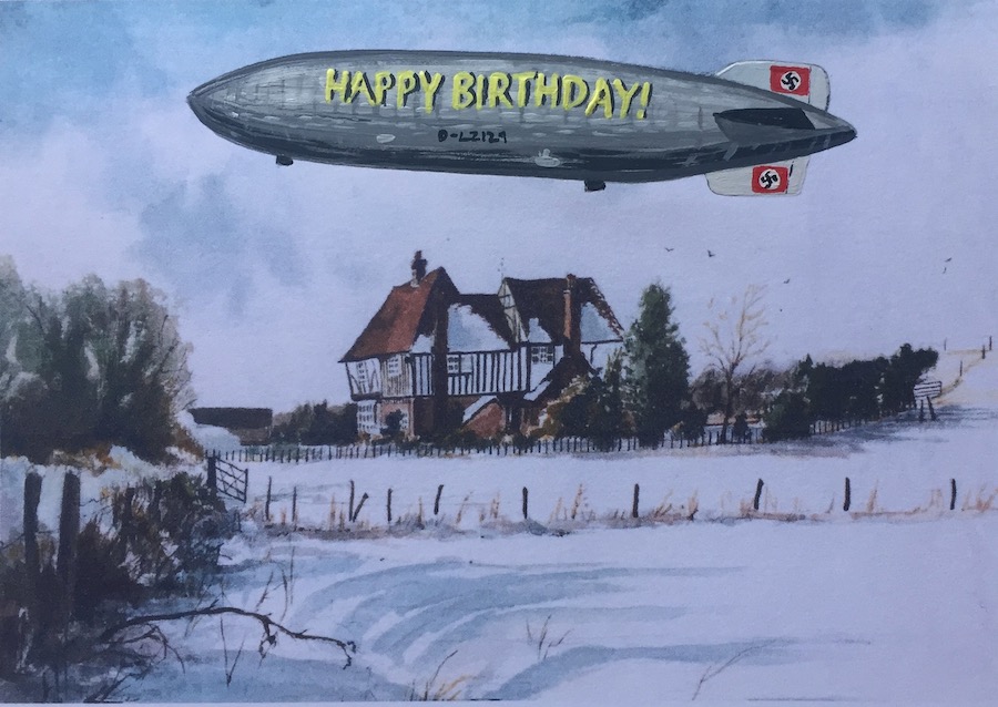 contemporary fine art upcycled painting of the Hindenburg air ship with Happy Birthday written on the side on recycled charity shop greetings card from Sittingbourne, Kent by saatchiart artist Christian Dodd