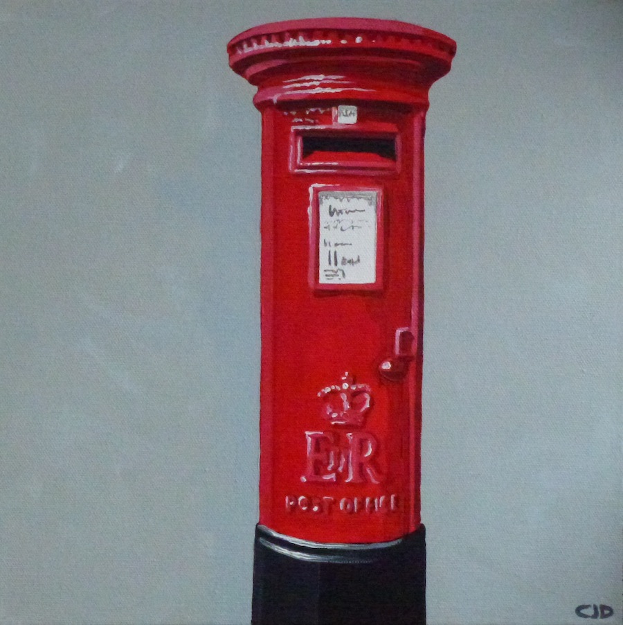 contemporary fine art acrylic painting of a Royal Mail pillar box in the style of Ladybird book illustrations by saatchiart artist Christian Dodd