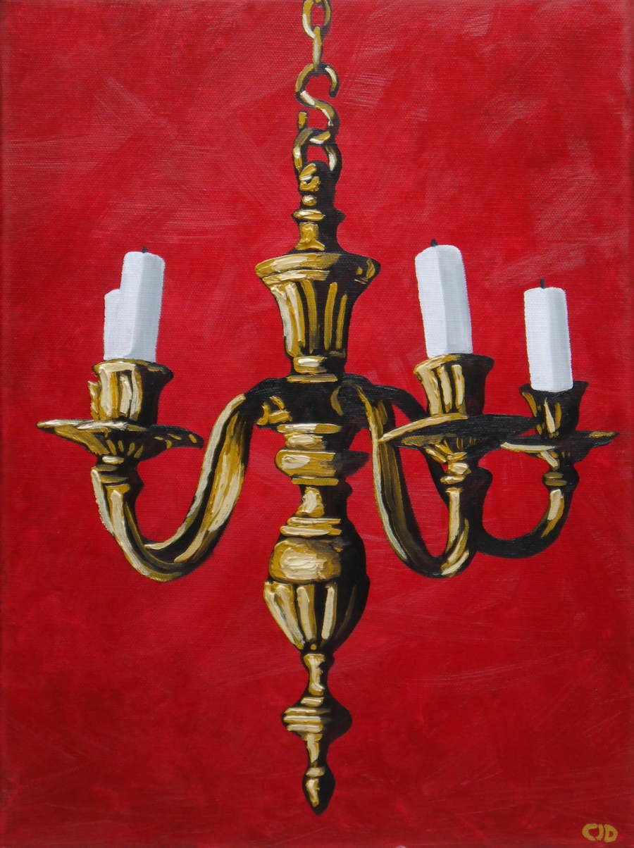 contemporary fine art oil painting of a chendelier on a red background by saatchiart artist Christian Dodd