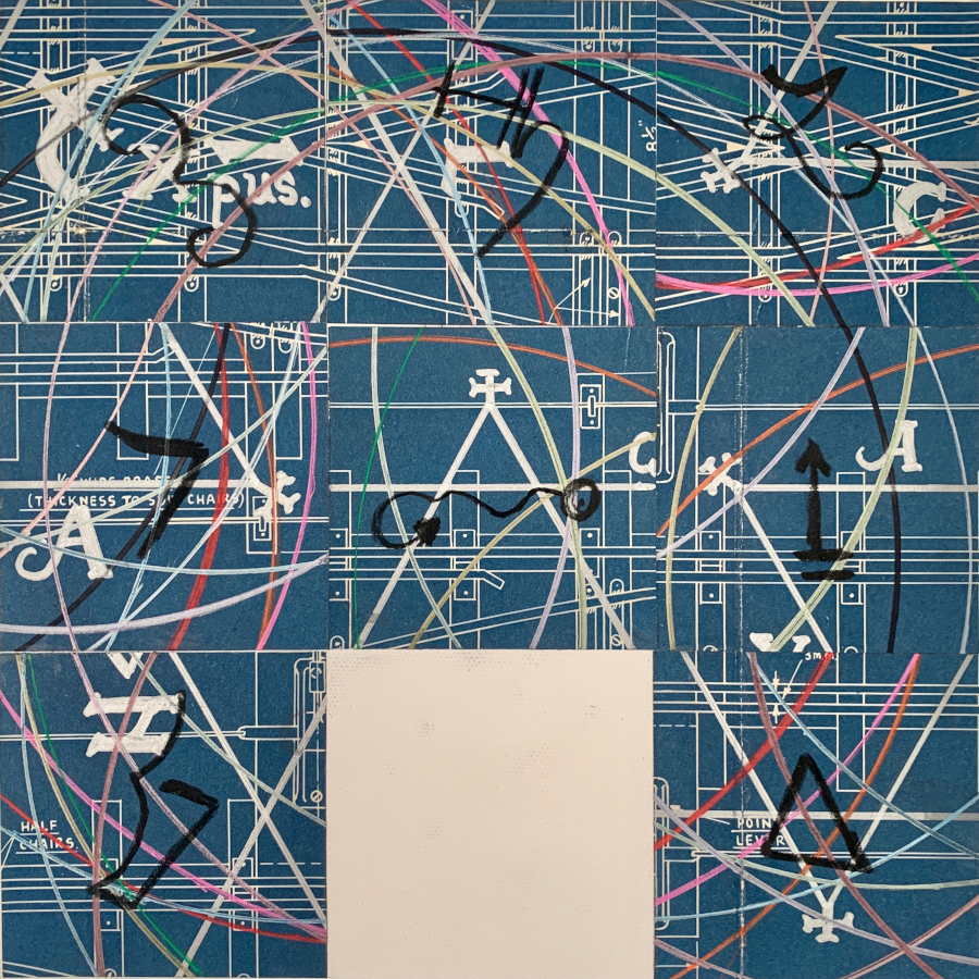 contemporary fine art collage of line images called Ritual featuring occult symbols and references by saatchiart artist Christian Dodd inspired by slide puzzles