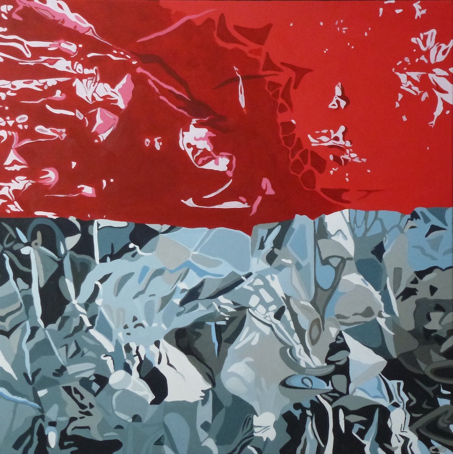 contemporary fine art oil painting of a crumpled reflective silver chrome and red surface by saatchiart artist Christian Dodd