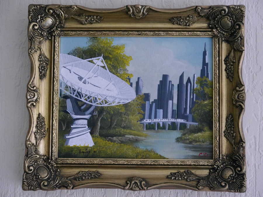 contemporary fine art upcycled painting of modern cityscape and satellite dish or astronomical radio telescope on recycled charity shop painting in the style of Bob Ross by saatchiart artist Christian Dodd