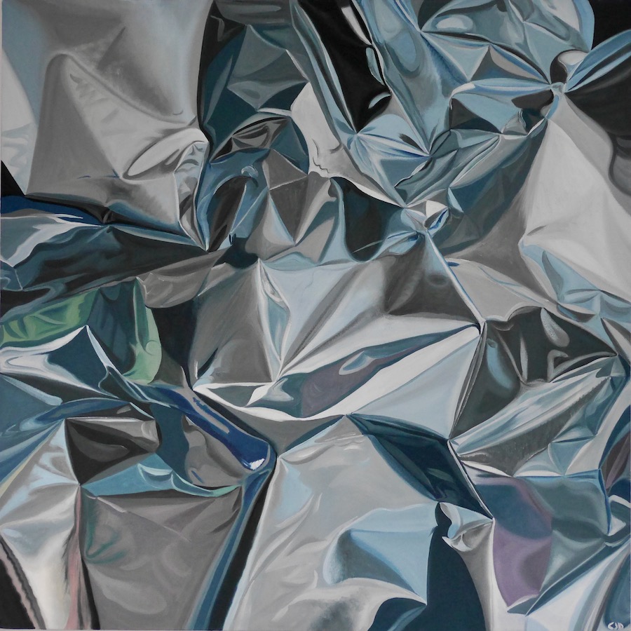 contemporary fine art oil painting of a crumpled reflective silver chrome surface by saatchiart artist Christian Dodd