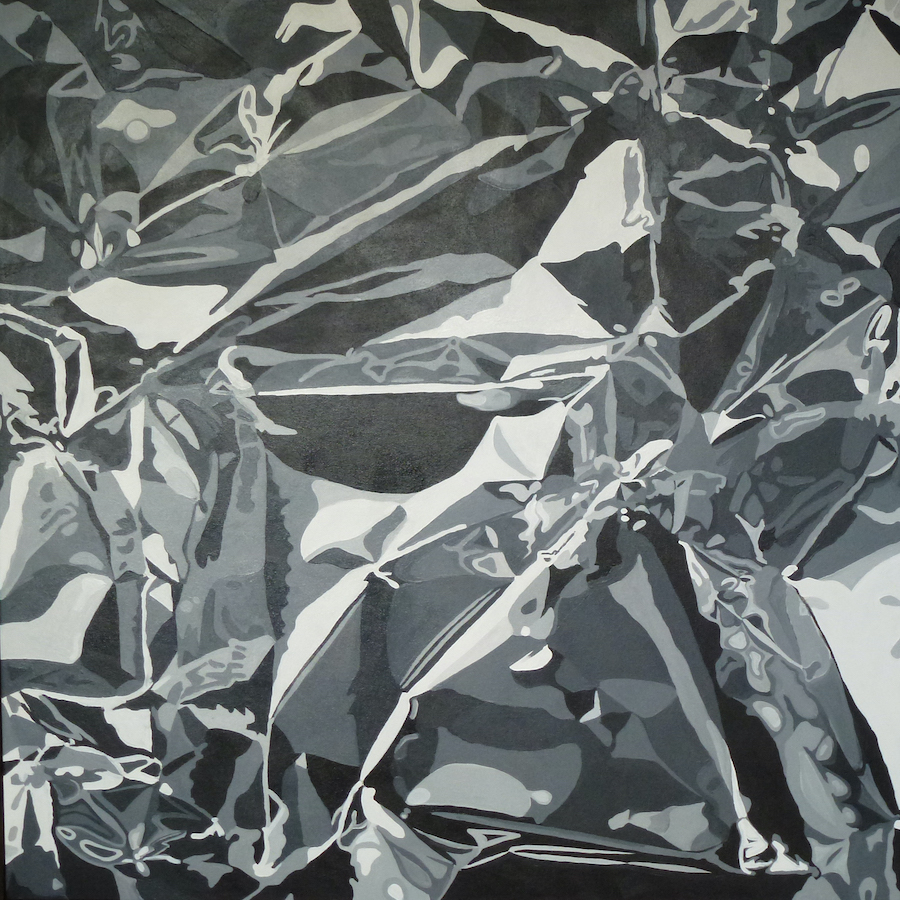 contemporary fine art oil painting of a crumpled reflective silver chrome surface in black and grey and white by saatchiart artist Christian Dodd