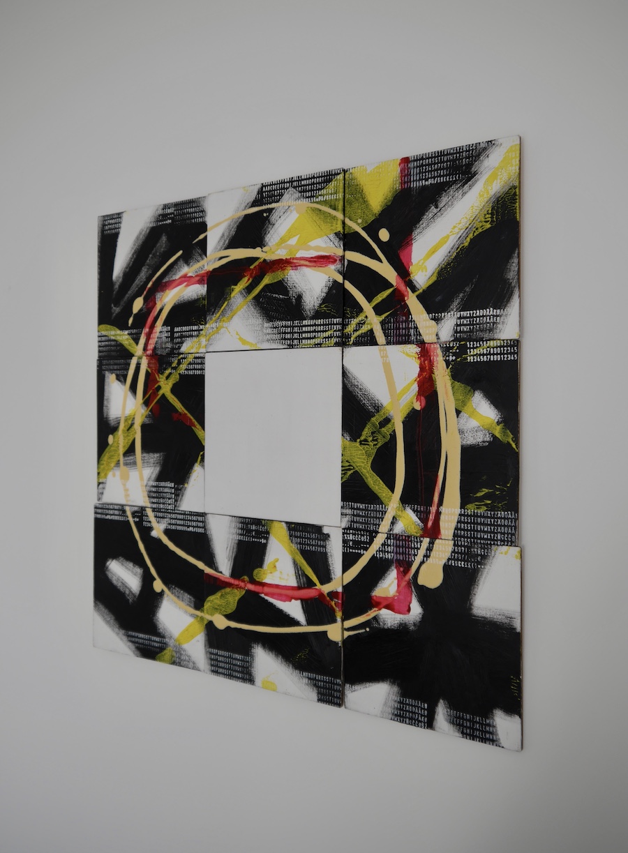 contemporary art multi panel oil painting in black, yellow and white inspired by Franz Kline and Jackson Pollock called Superobject by saatchiart artist Christian Dodd 