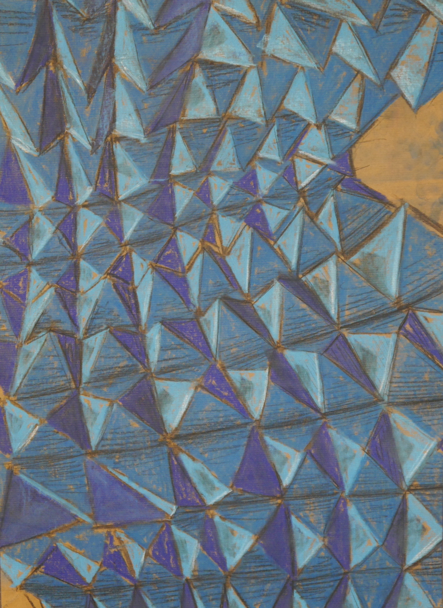 contemporary fine art pastel drawing of a folded pyramid surface in shades of blue by saatchiart artist Christian Dodd