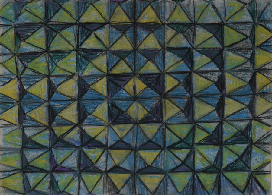 contemporary fine art oil pastel drawing of a folded pyramid surface in blue and yellow by saatchiart artist Christian Dodd