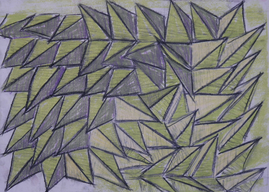 contemporary fine art pastel drawingof a folded pyramid surface in green by saatchiart artist Christian Dodd