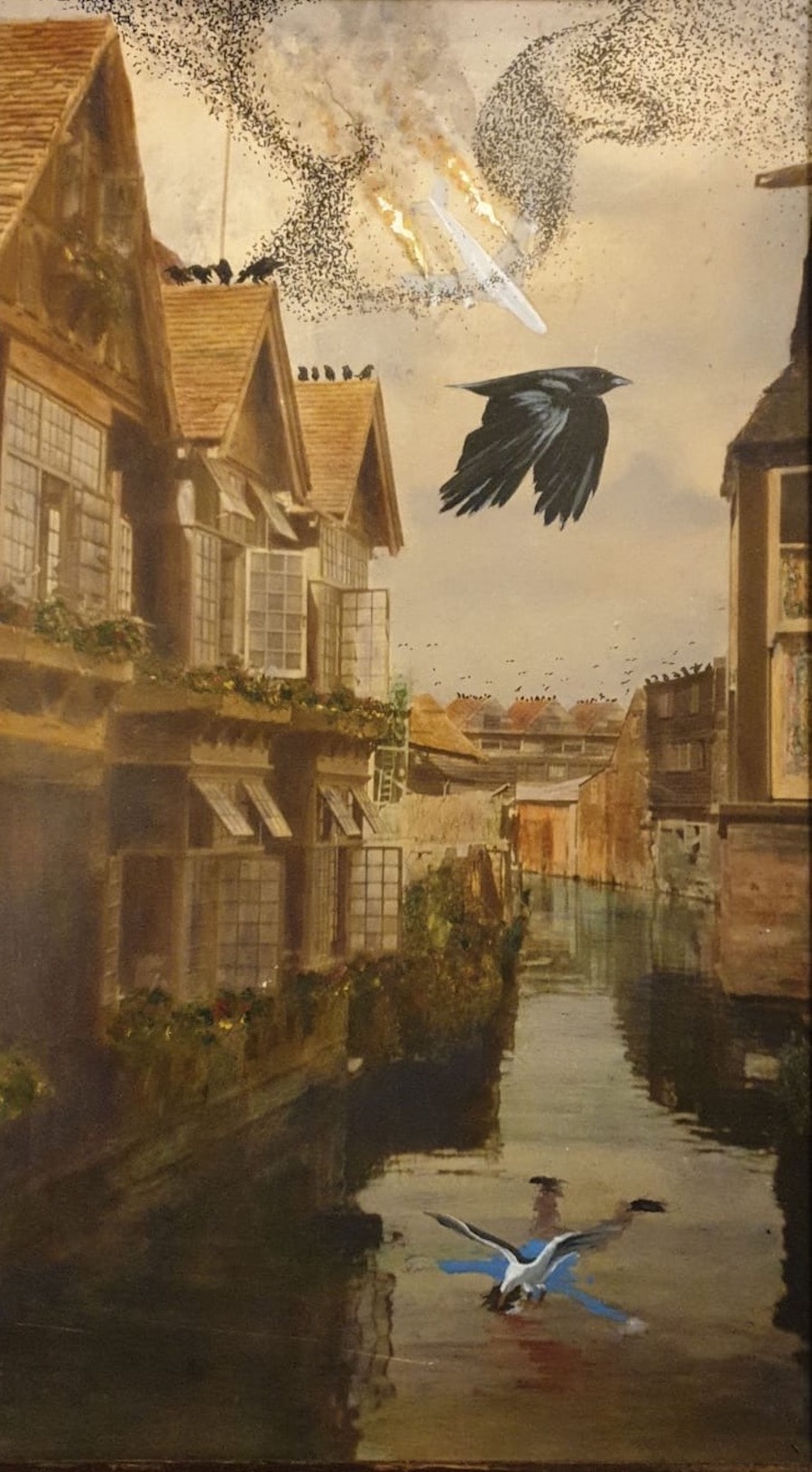 contemporary fine art upcycled painting of killer birds on recycled charity shop art by saatchiart artist Christian Dodd