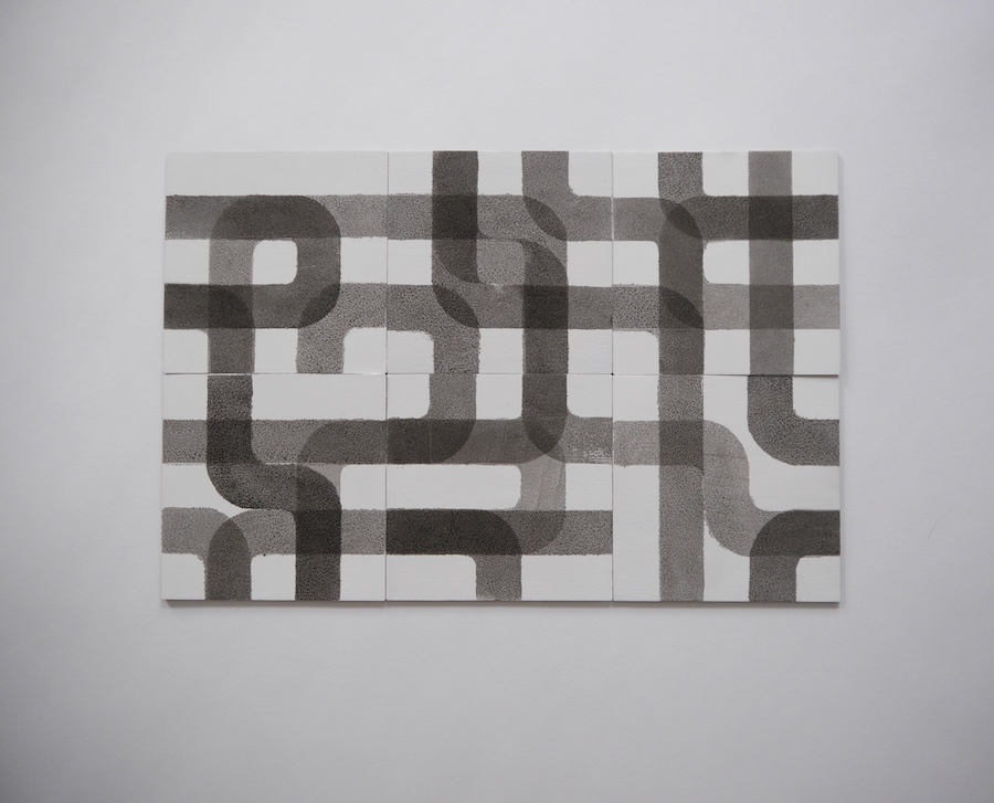 contemporary art multi panel oil painting in black and white called wb6_2 by saatchiart artist Christian Dodd inspired by slide puzzles and mid century meander artworks by anni albers