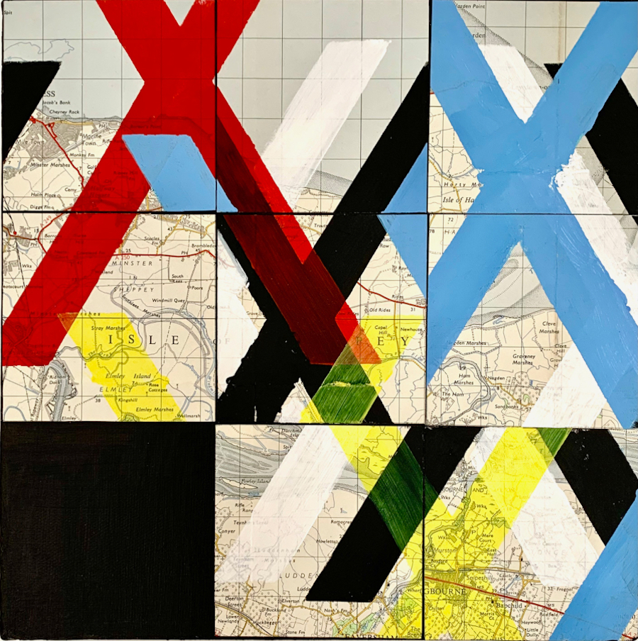 contemporary fine art collage of overlaid letter X in CMYK image called X Marks The Spot on an OS map by saatchiart artist Christian Dodd inspired by slide puzzles and Wade Guyton