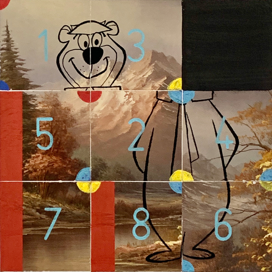 contemporary fine art collage of Yogi Bear and numbers called Sylvan Sequence on a repurposed Bob Ross style painting by saatchiart artist Christian Dodd inspired by slide puzzles and cryptography